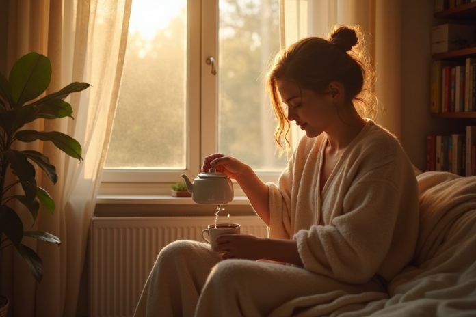 Уютный утренний ритуал создания комфорта: человек готовит чай у окна в теплых солнечных лучах