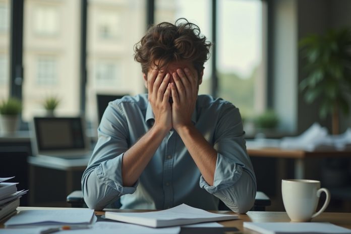Офисный работник, испытывающий стресс и тревожность за рабочим столом, держится за голову