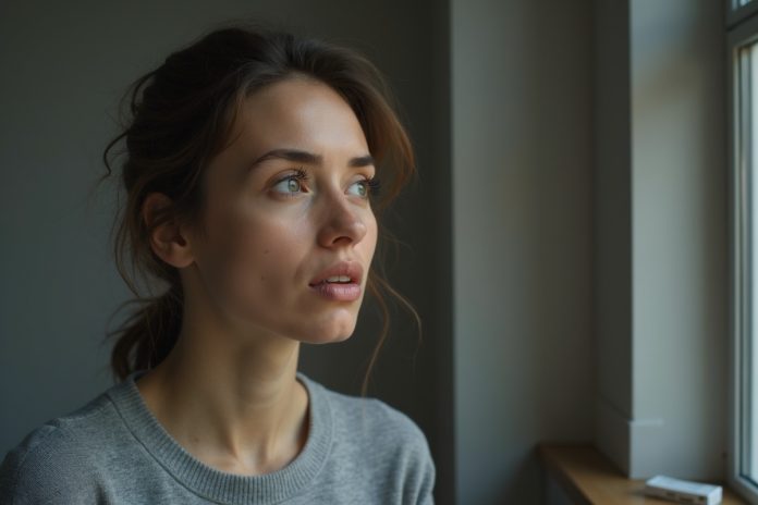 Мой опыт отказа от курения: женщина задумчиво смотрит в окно, оставив сигареты в прошлом