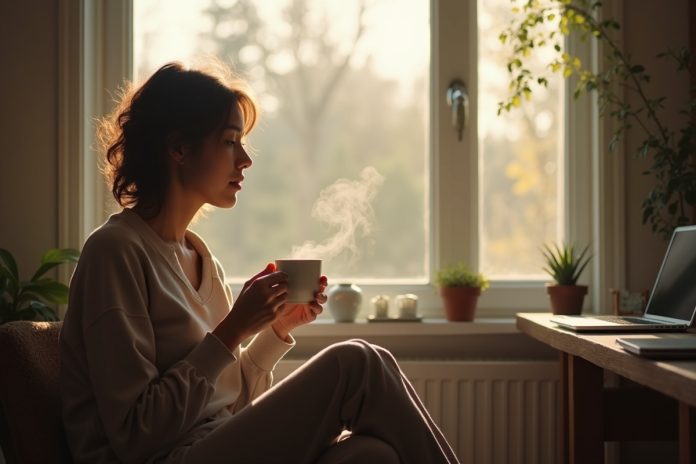 Медленная жизнь: человек наслаждается утренним чаем у окна в спокойной домашней атмосфере