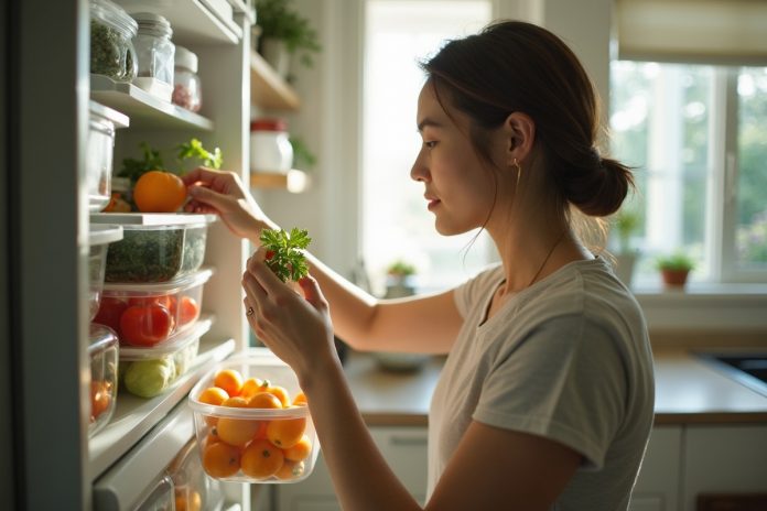 Экономия продуктов: женщина организует хранение в холодильнике с помощью прозрачных контейнеров