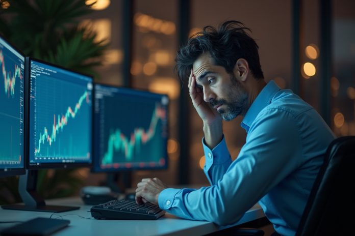 Типичные ошибки инвестиций в крипту: трейдер анализирует графики на мониторах в полутемном офисе
