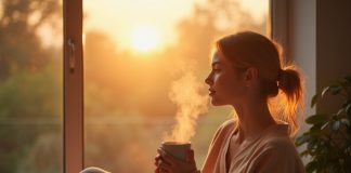 Slow life: Как утренние ритуалы меняют наш день? Девушка практикует slow life утром: сидит у окна с чашкой чая, наслаждаясь спокойным началом дня