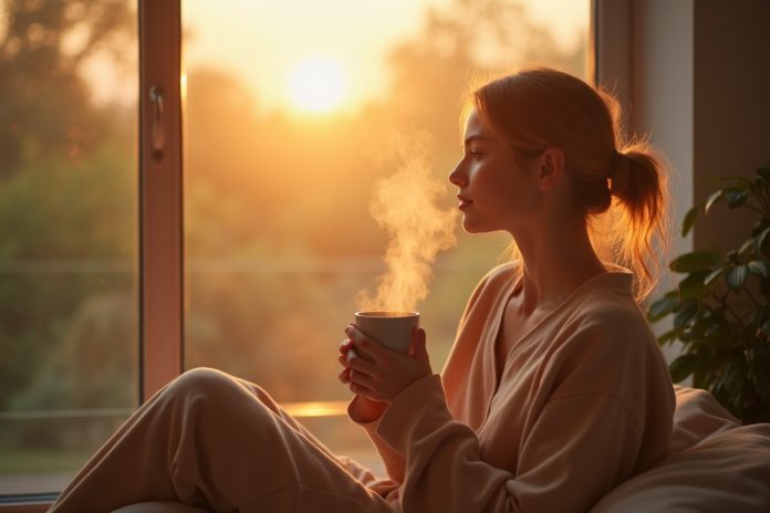 Девушка практикует slow life утром: сидит у окна с чашкой чая, наслаждаясь спокойным началом дня
