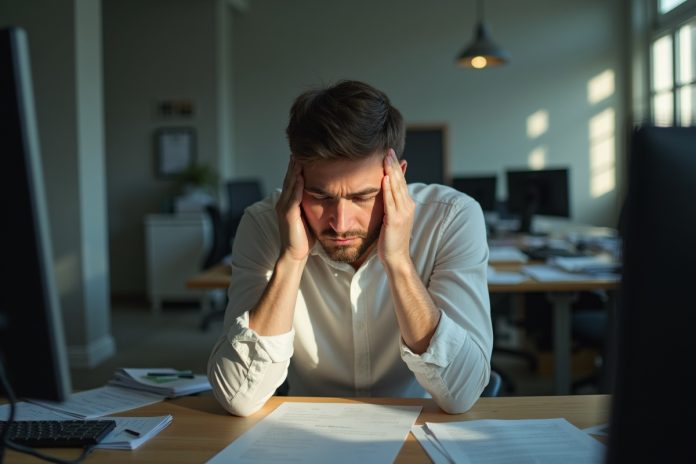 Стресс офисного работника: уставший человек за рабочим столом в помещении с приглушенным освещением