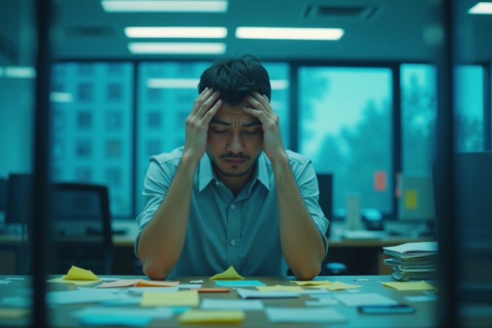 Уставший офисный работник в токсичной рабочей среде, сидящий за столом и демонстрирующий признаки стресса