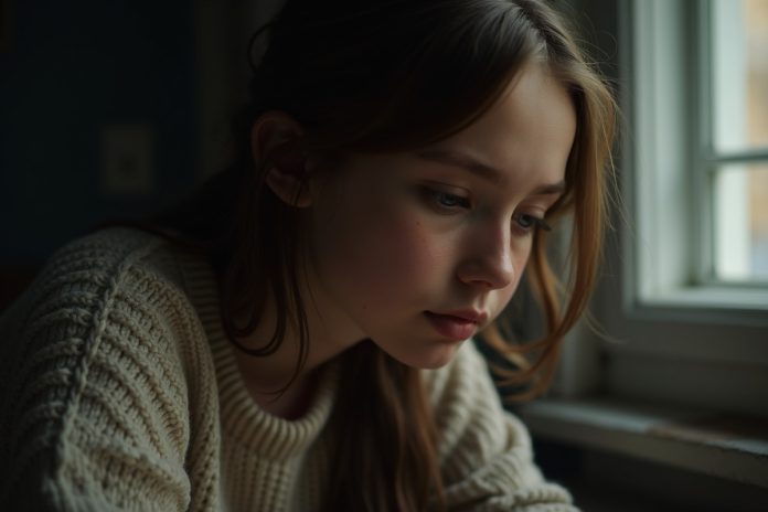 Чувство вины у подростка: девушка-подросток задумчиво смотрит вниз, сидя у окна в приглушенном свете