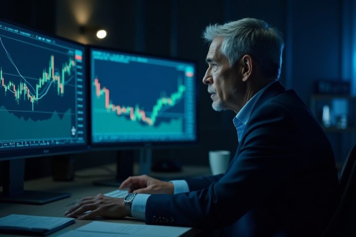 Опционные стратегии для крипты: трейдер анализирует графики на мониторах в темном офисе