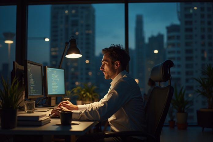 Профессионал в карьерном тупике за рабочим столом размышляет о путях выхода из застоя