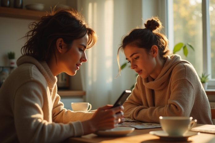 Пара за утренним кофе иллюстрирует недостаток времени для общения: один смотрит в телефон, другой — на партнера