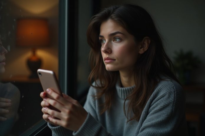 Женщина задумчиво смотрит в окно, иллюстрируя недостаток общения с родителями и эмоциональную дистанцию