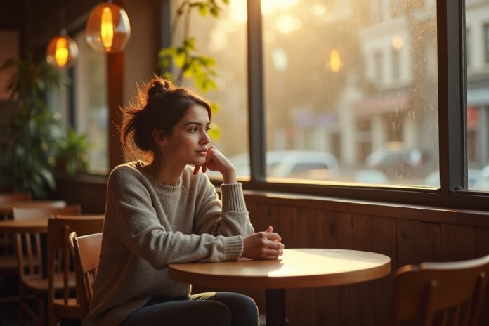 Серийная моногамия: женщина задумчиво сидит в кафе, символизируя переход между отношениями