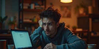 Соцсети: Почему ожидания от них завышены? Человек за компьютером в окружении гаджетов с открытыми соцсетями, уставший взгляд