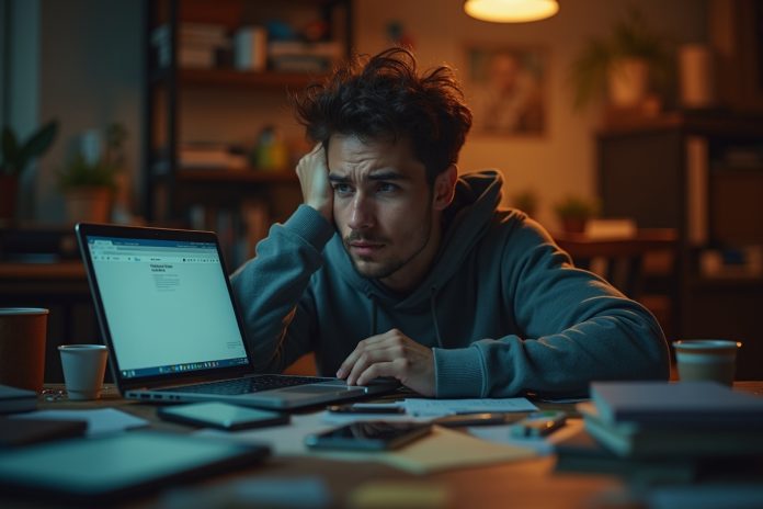 Человек за компьютером в окружении гаджетов с открытыми соцсетями, уставший взгляд