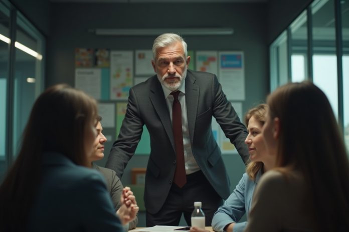 Токсичное лидерство в действии: напряженная атмосфера офисного совещания с доминирующим руководителем