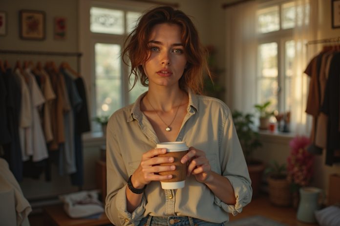 Человек в комнате, окруженный вещами, размышляет об устойчивом потреблении и осознанном выборе