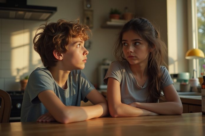 Конфликт интересов: напряженный момент общения родителя и подростка за кухонным столом