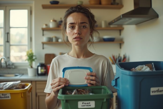 Сортировка отходов: человек сортирует пластиковые отходы на кухне возле контейнеров для раздельного сбора