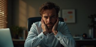 Выгорание на работе: Как избежать увольнения? Выгорание на работе: уставший сотрудник за рабочим столом в полумраке офиса