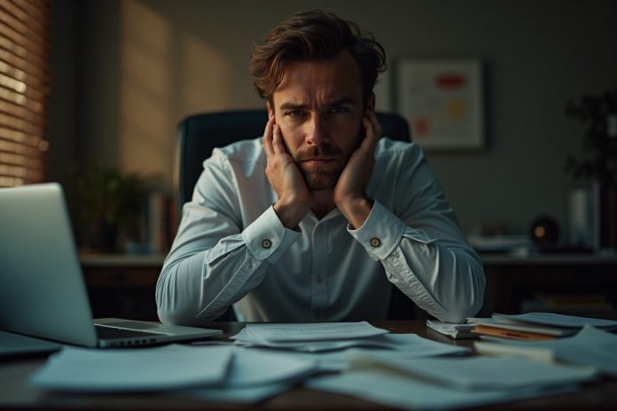 Выгорание на работе: уставший сотрудник за рабочим столом в полумраке офиса