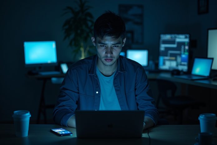 Человек, испытывающий цифровую перегрузку, окруженный светящимися экранами в темной комнате