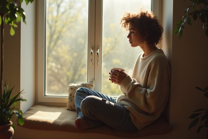 Спокойный момент цифрового детокса: человек наслаждается чаем у окна, отложив телефон в сторону