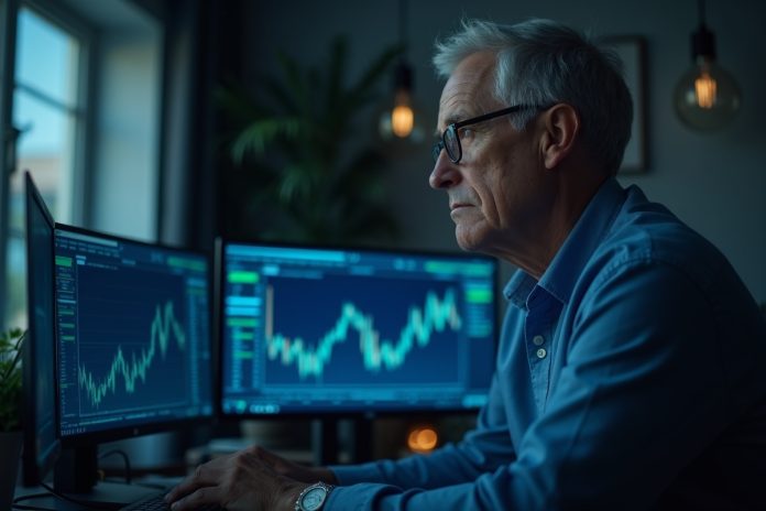 Лучшие криптовалюты для инвестиций 2025: инвестор анализирует графики криптовалют на мониторах