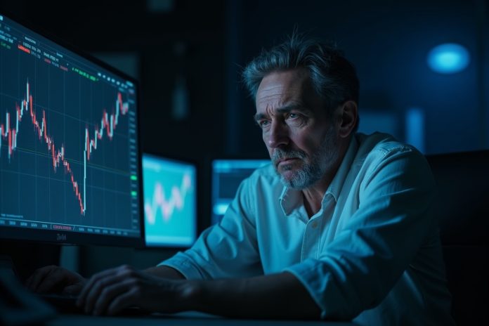 Опционы на биткоин: трейдер за рабочим столом анализирует графики падающего рынка криптовалют