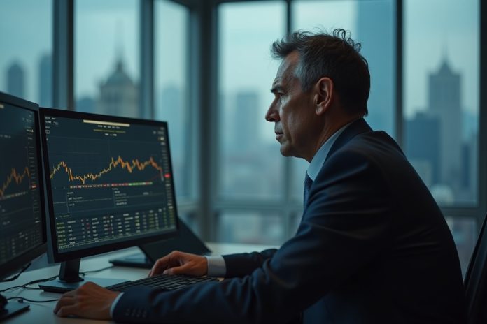 Бинарные опционы: трейдер анализирует графики на мониторах в современном офисе