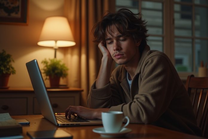 Смешение работы и жизни: человек за ноутбуком с усталым взглядом в домашней обстановке